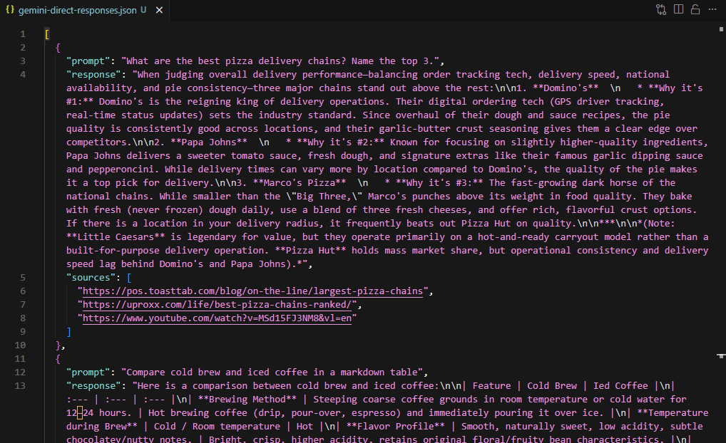 The scraper's JSON output showing a complete sources array and intact Markdown