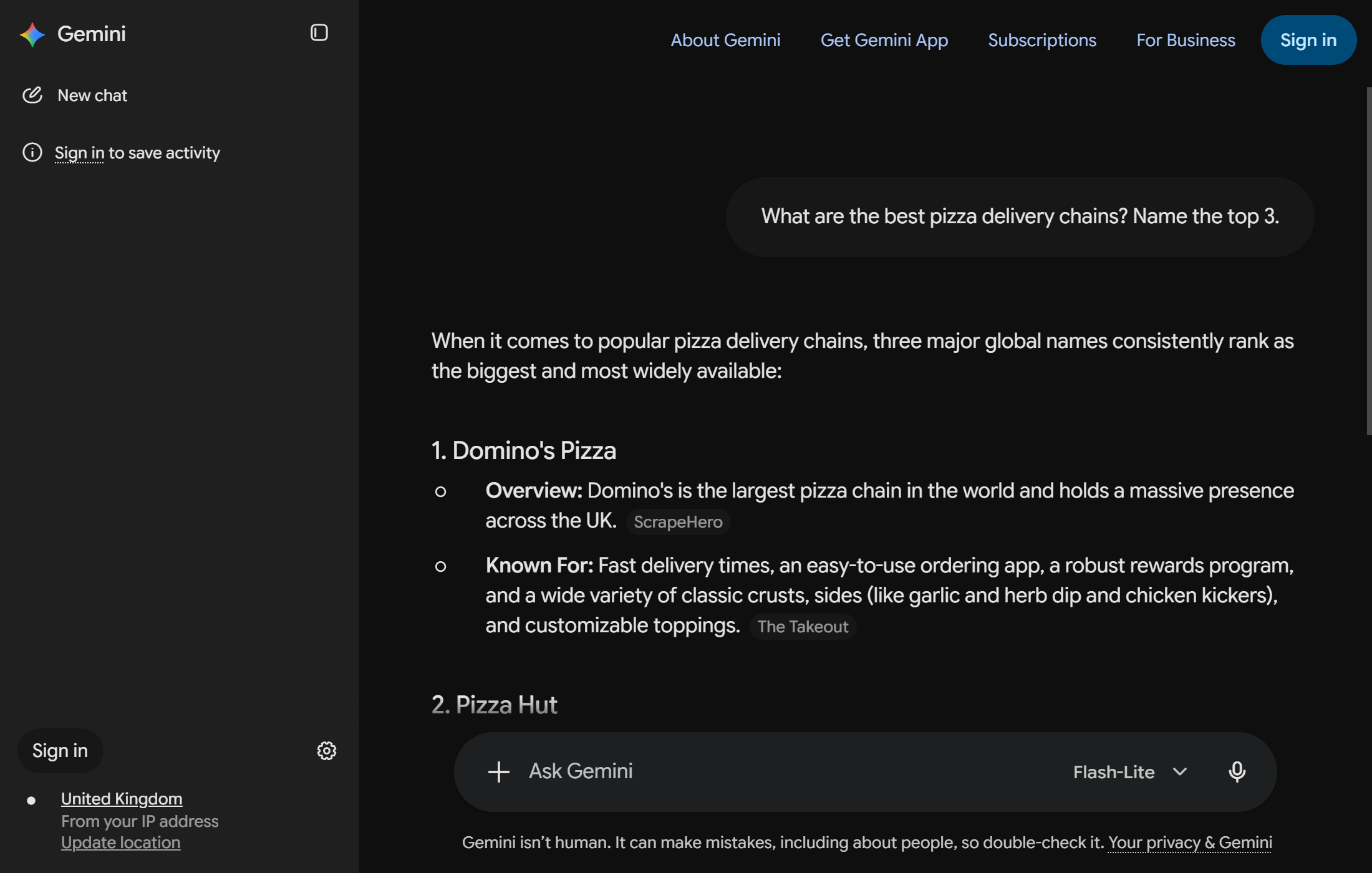 Gemini ranking pizza delivery chains with Domino's first and inline source citations