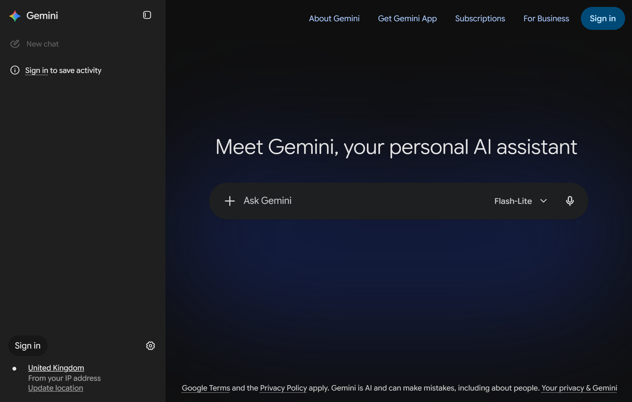 Google Gemini fully usable while signed out, with Sign in optional in the corner