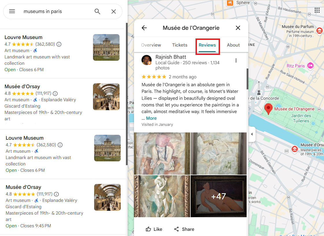 Google Maps reviews section showing user reviews with star ratings and text