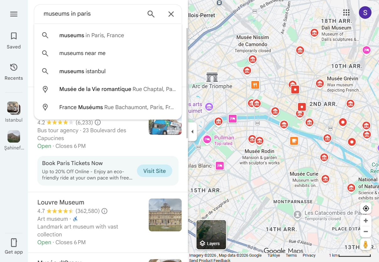 Google Maps search results page for museums in paris