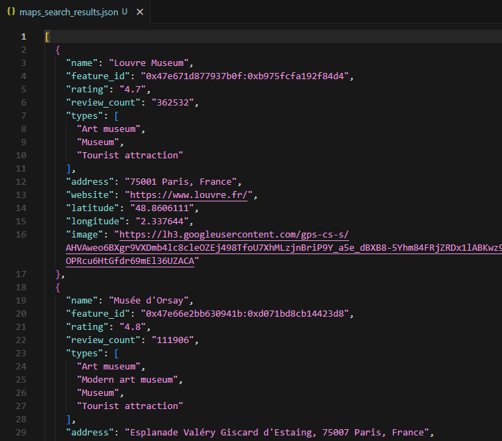 Terminal output and JSON file showing extracted Google Maps search results