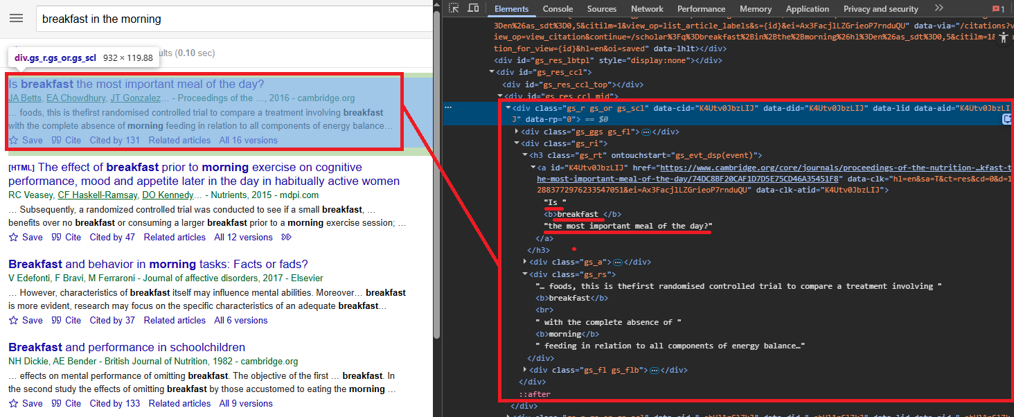 Chrome DevTools showing Google Scholar result structure with CSS selectors