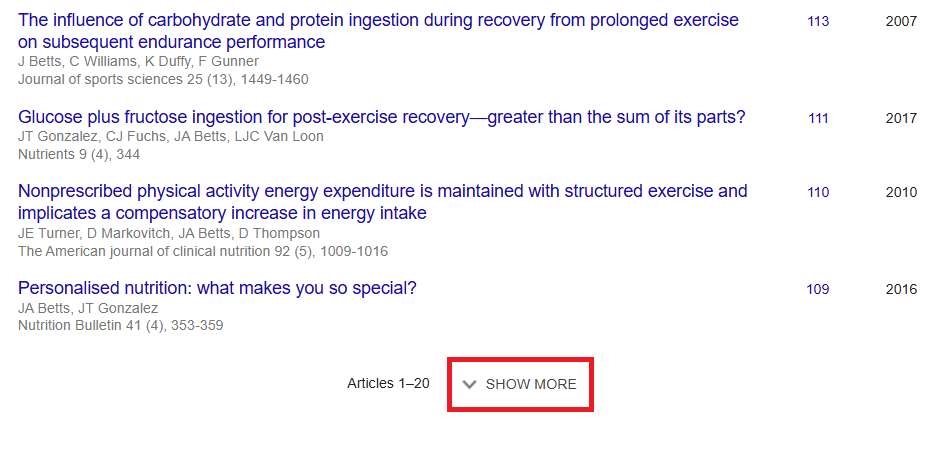 Google Scholar author page showing the Show More button for pagination