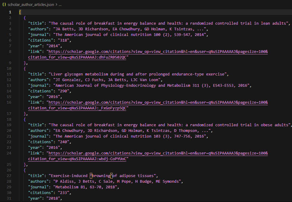 Terminal output and JSON file showing author profile data and article list