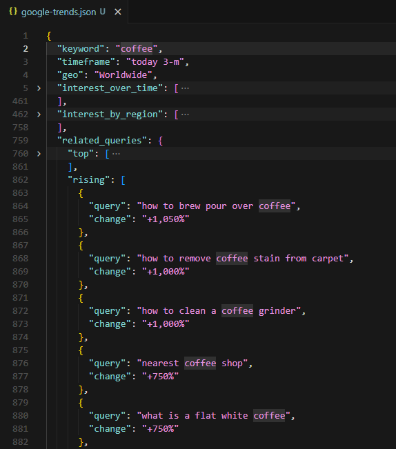 Terminal output and JSON file showing Google Trends explore data