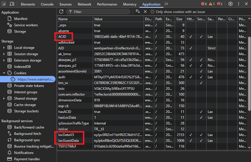 Walmart location cookies in DevTools