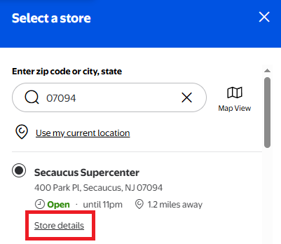 Walmart store details page with store ID