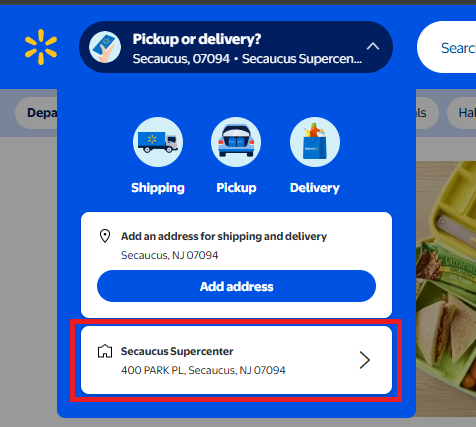 Walmart store selection dropdown