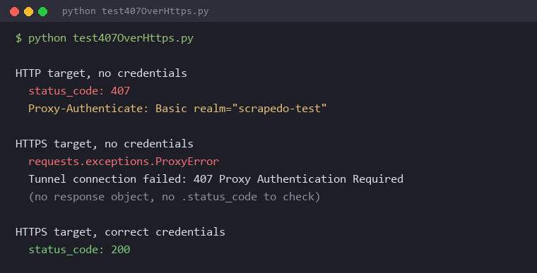HTTP 407 returning a status code on HTTP but raising ProxyError on HTTPS through a CONNECT tunnel