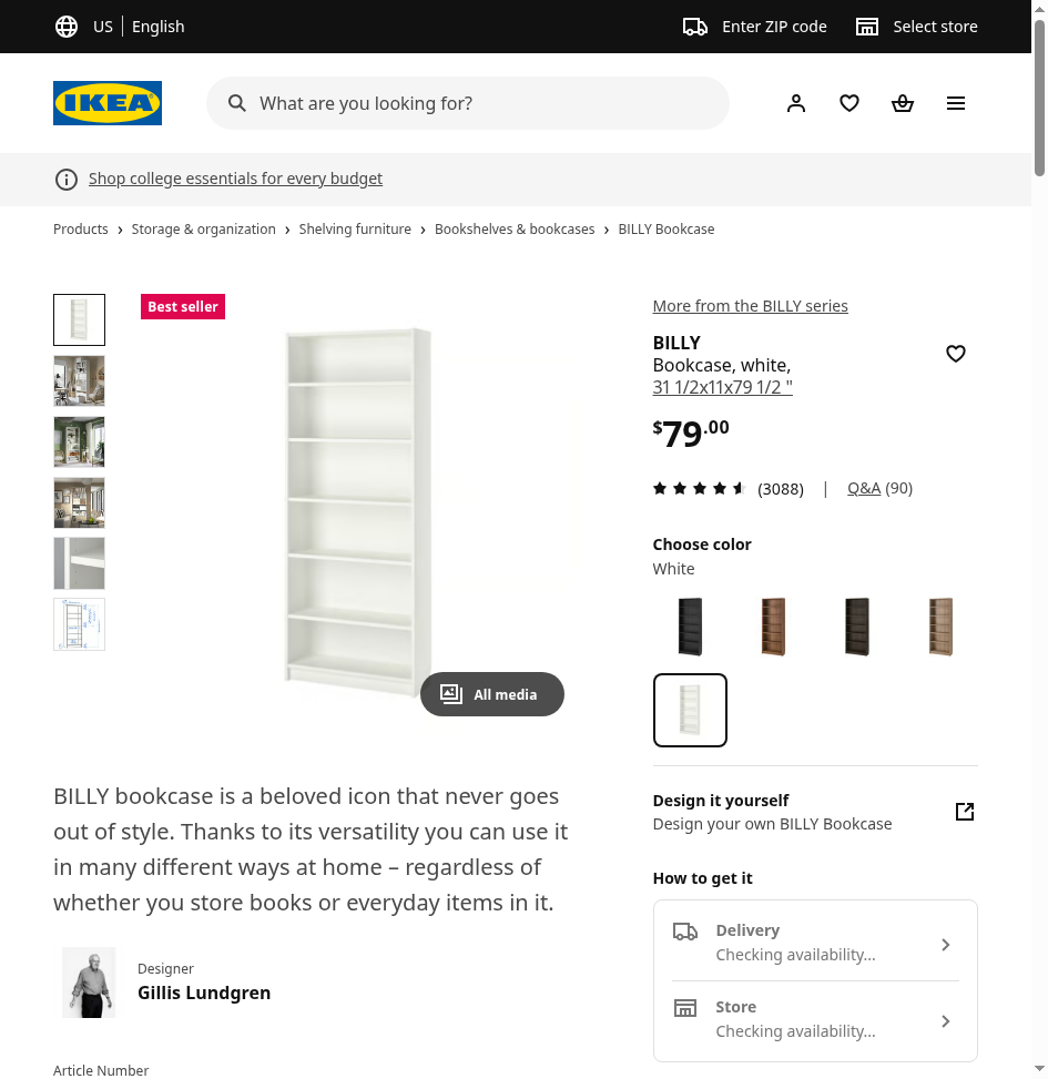 BILLY product page showing price, rating count, and availability
