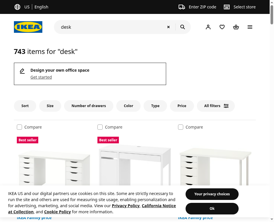 IKEA search results page for "desk" showing 743 items and the product grid