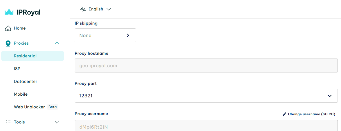 IPRoyal dashboard with residential proxy hostname, port and username settings