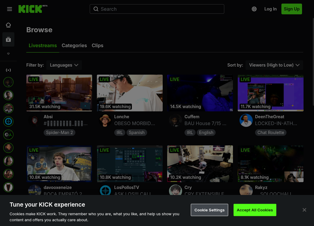 Kick's browse page with live streams ranked by viewer count