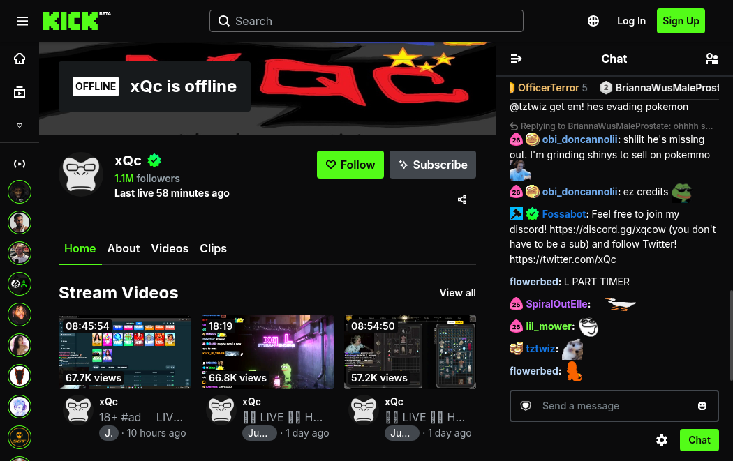 xQc's Kick channel page showing the follower count, past broadcasts, and live chat this guide scrapes