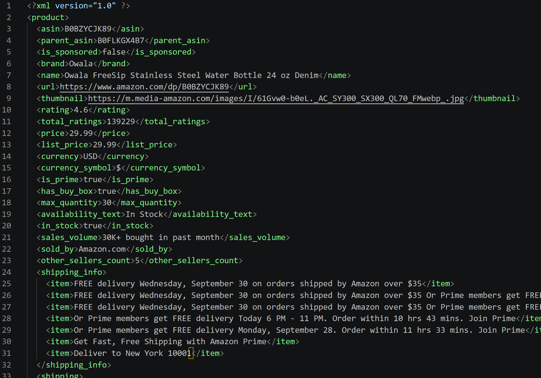 The content of the “input/product.xml” file