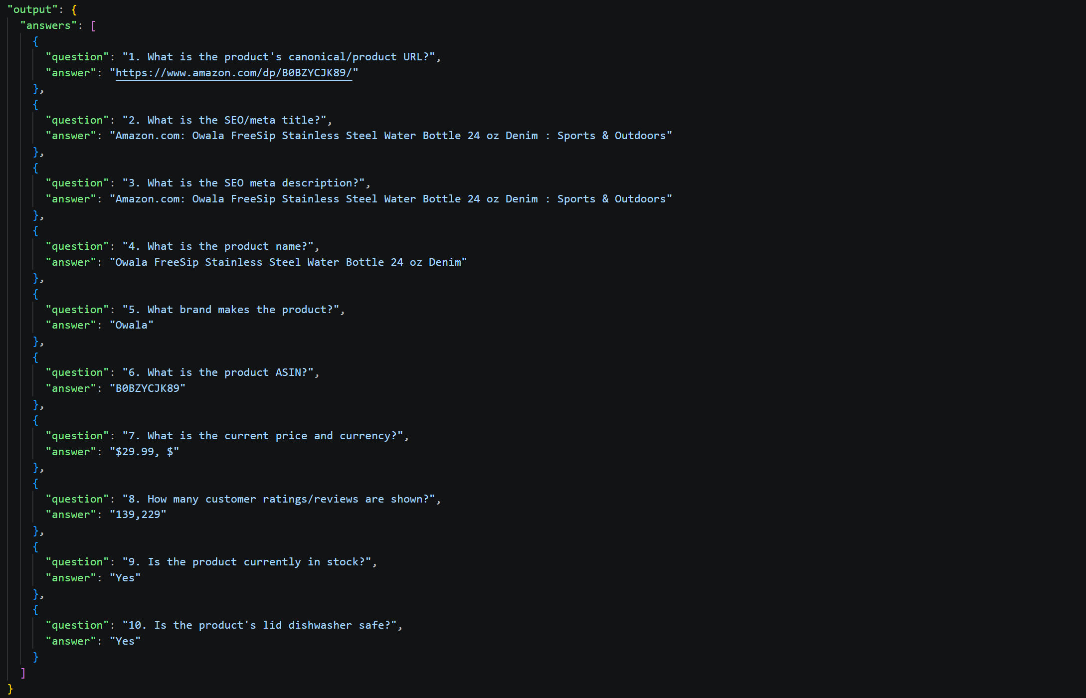 The responses produced by the AI in run #1 from AI-ready Markdown