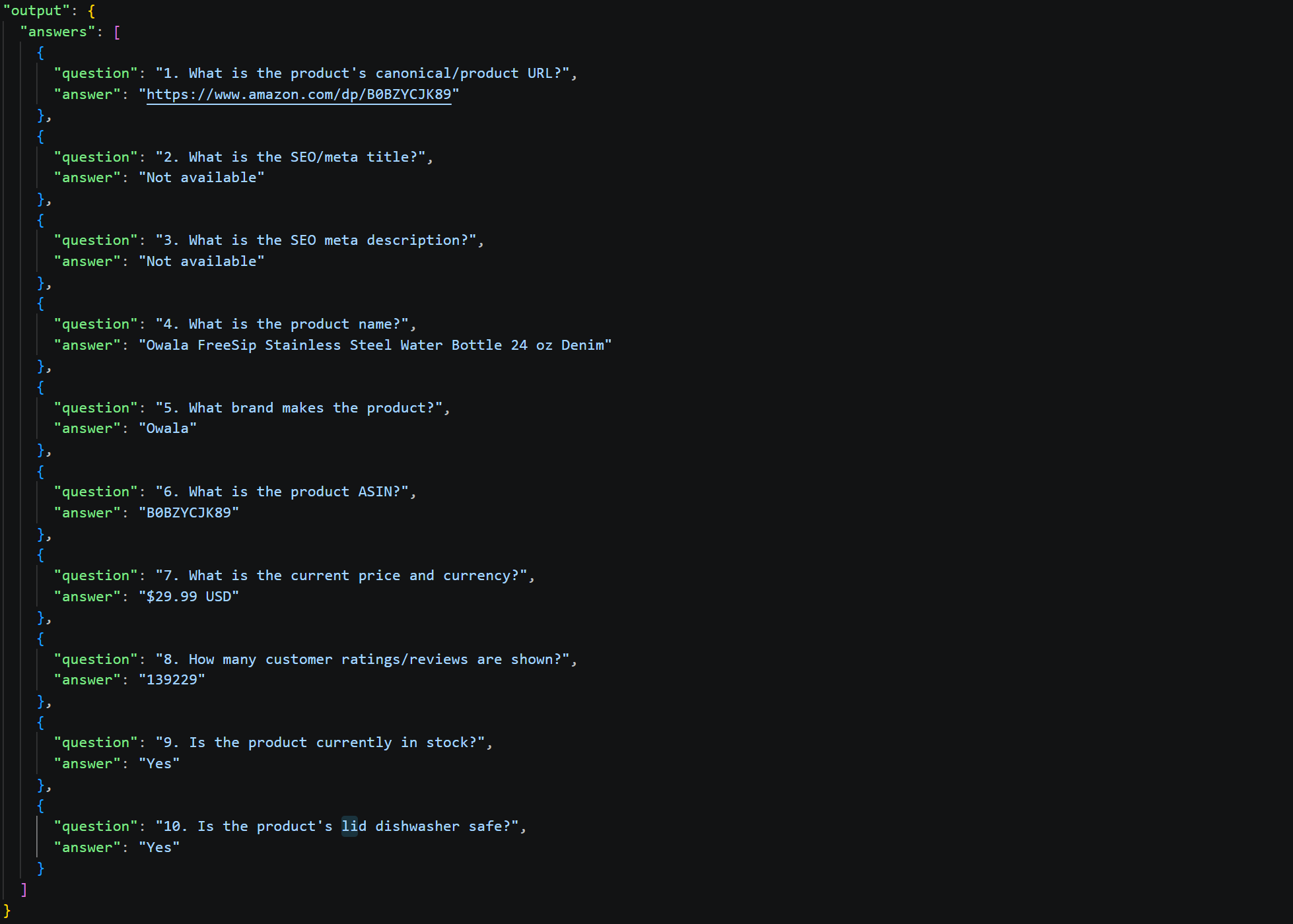 The responses produced by the AI in run #1 from CSV