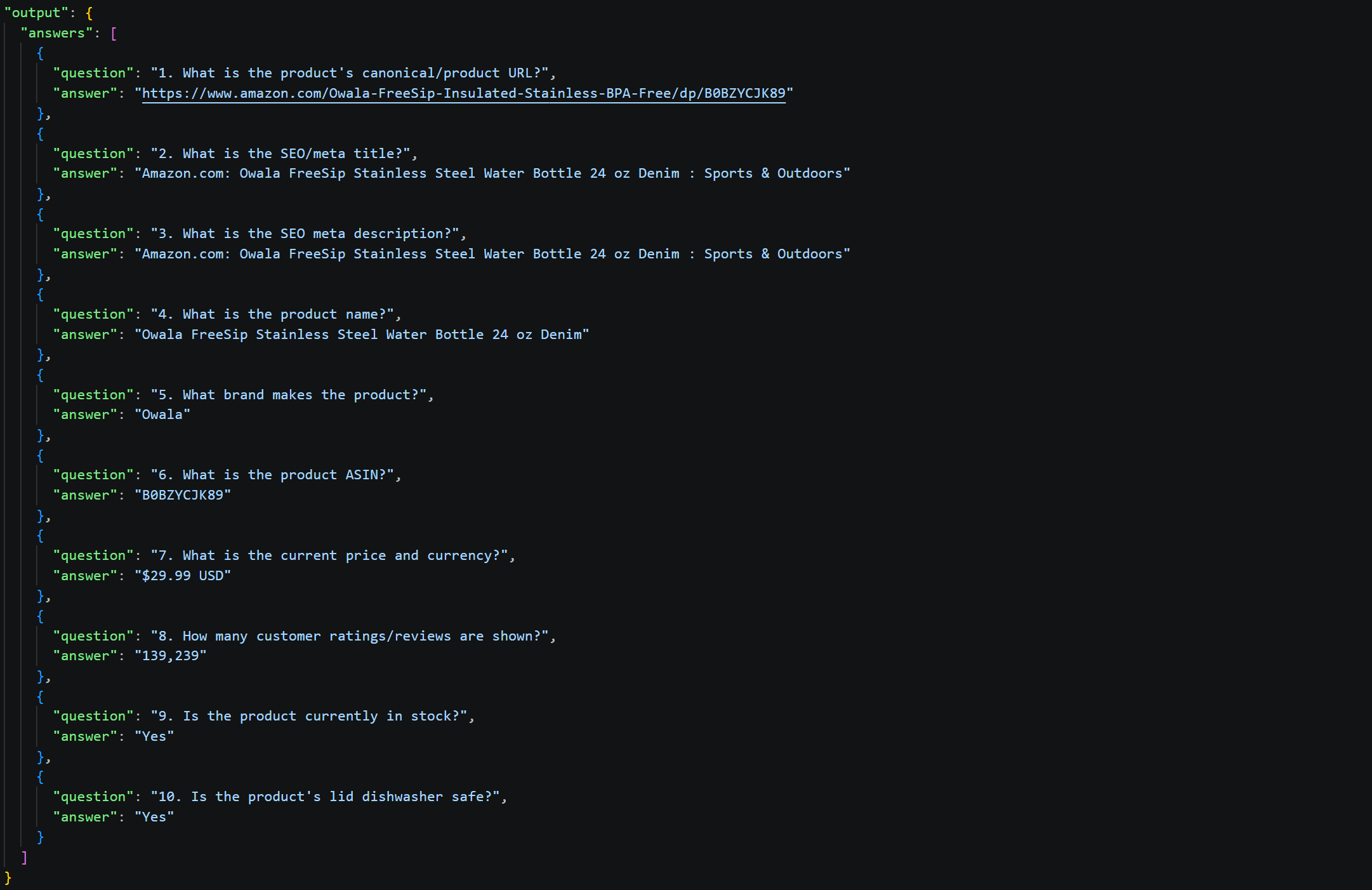 The responses produced by the AI in run #1 from HTML
