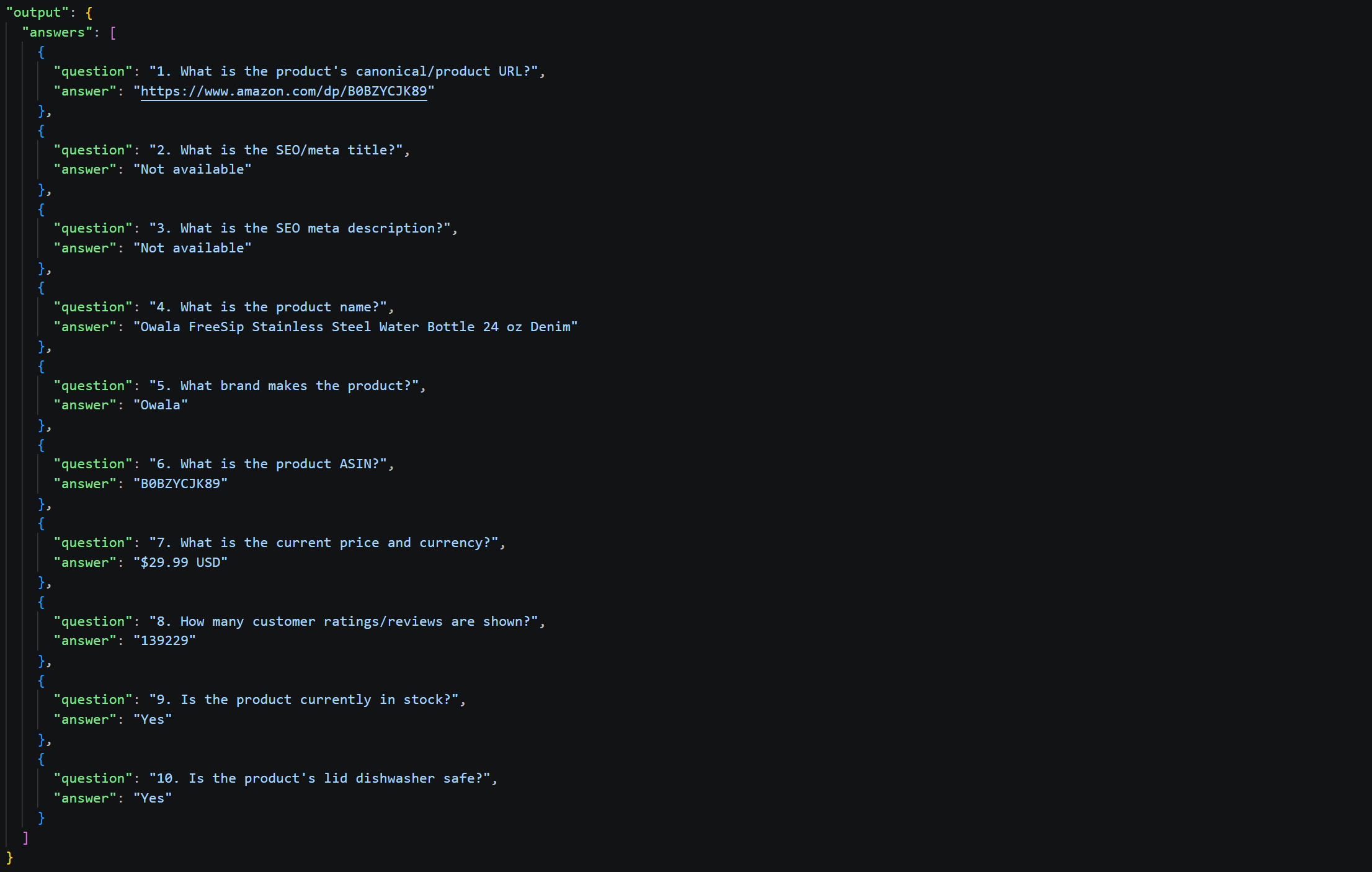 The responses produced by the AI in run #1 from JSON
