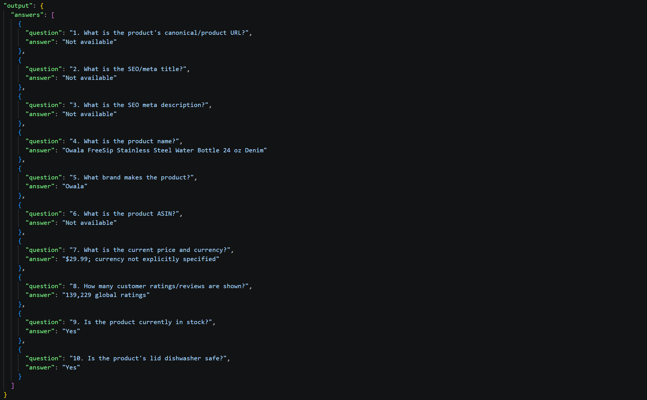 The responses produced by the AI in run #1 from plain text