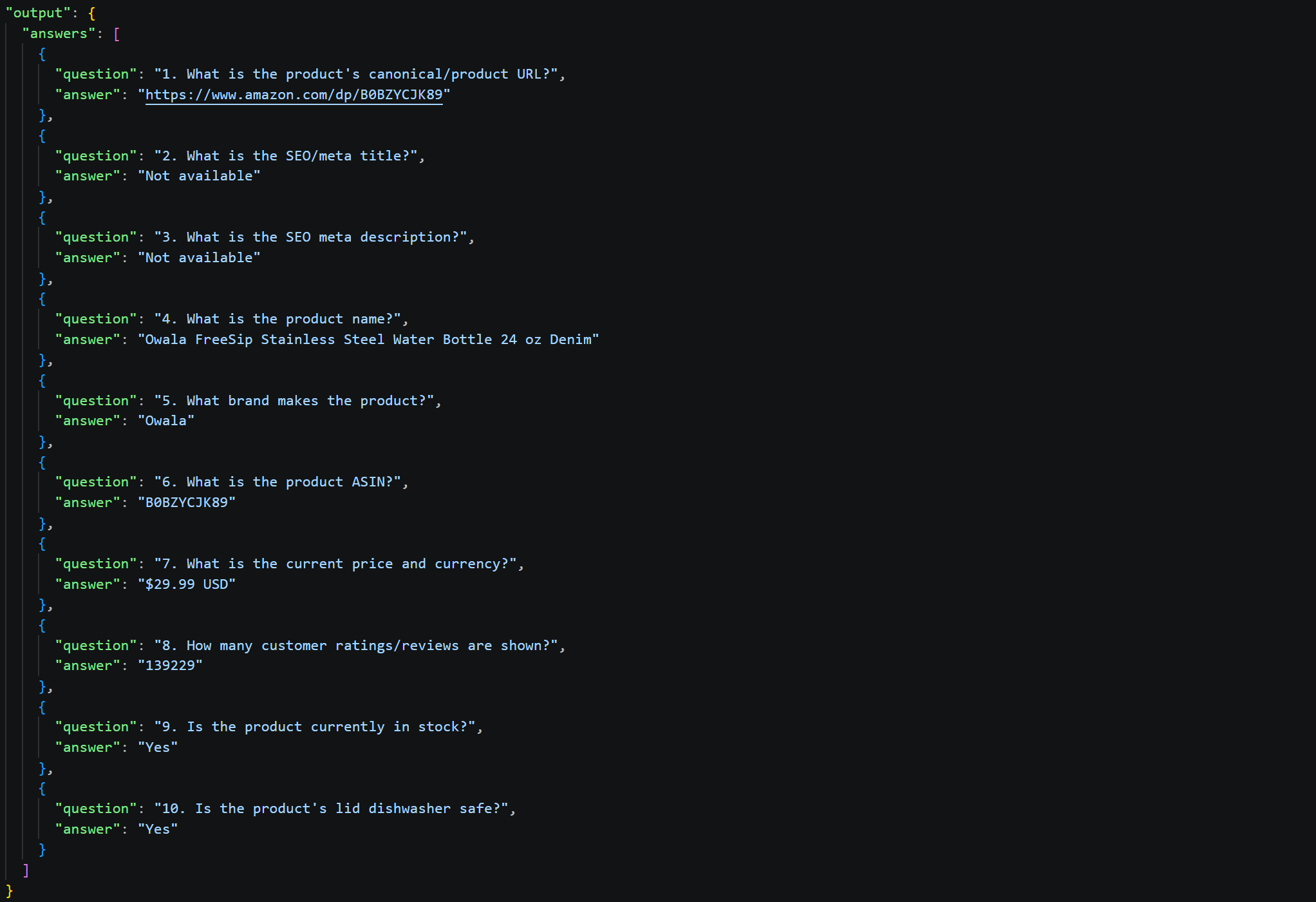 The responses produced by the AI in run #1 from XML