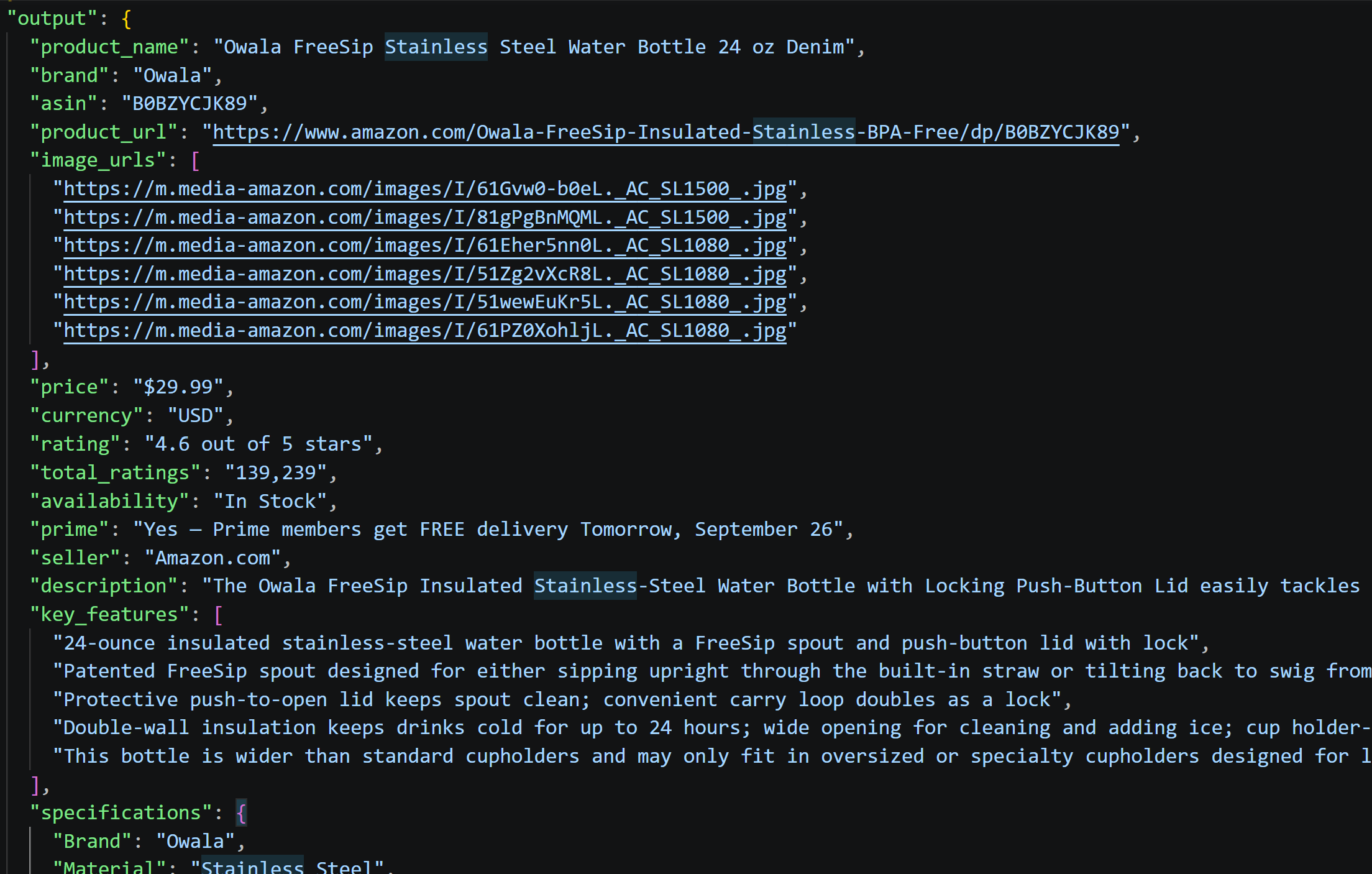 The scraped data produced by the AI in run #1 from HTML