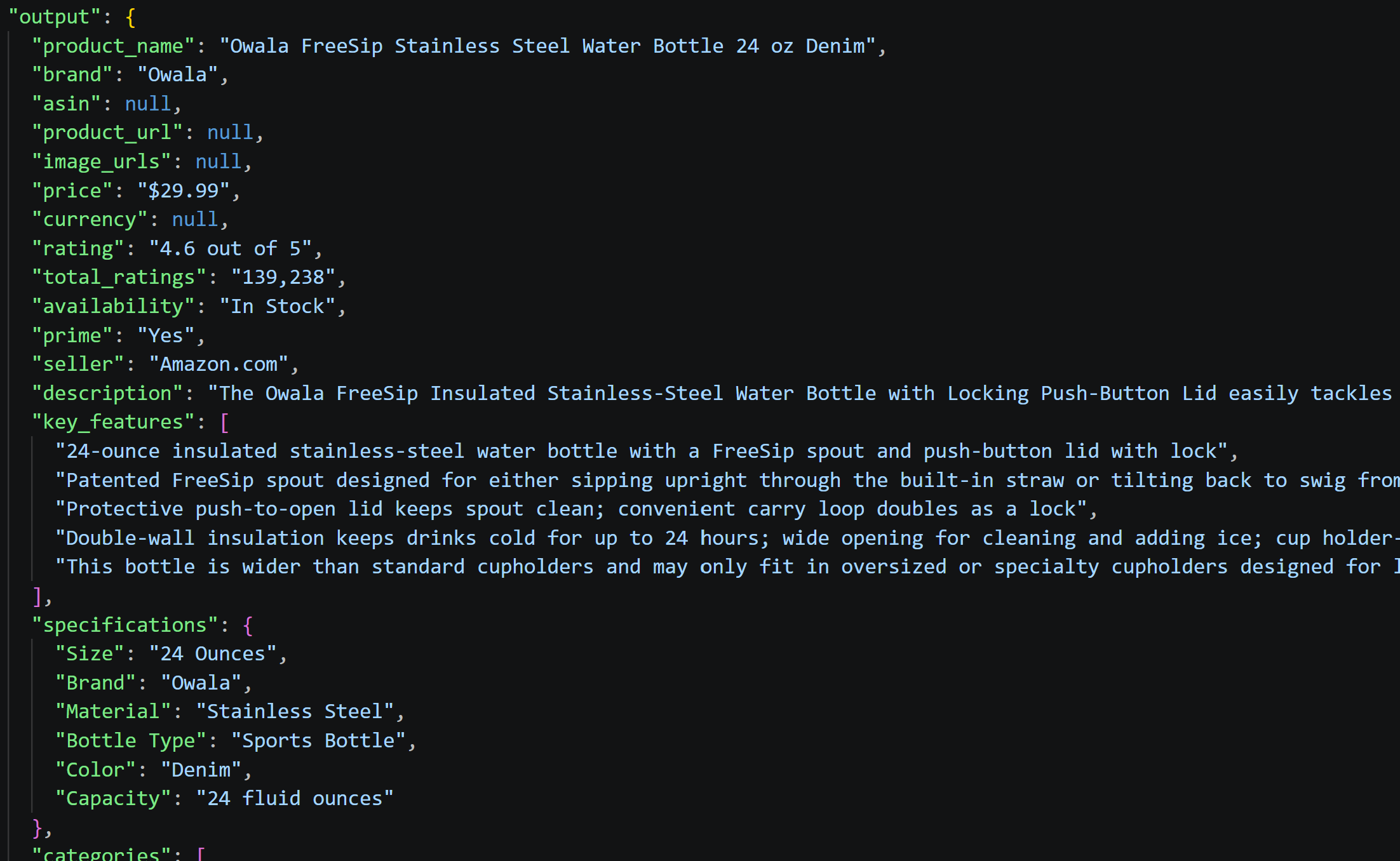 The scraped data produced by the AI in run #1 from the screenshot