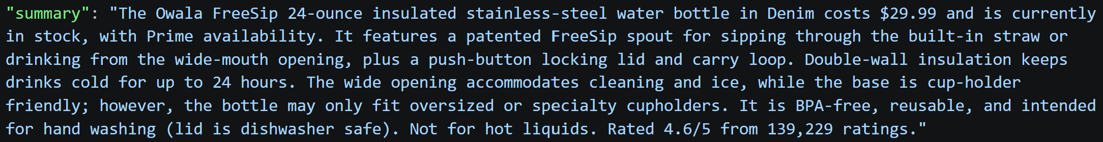 The summary data produced by the AI in run #1 from JSON