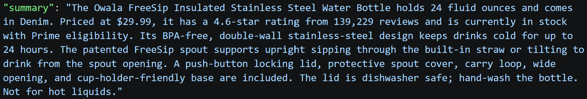 The summary produced by the AI in run #1 from CSV