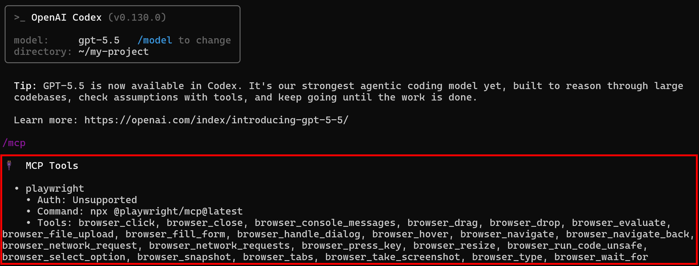 Note the “playwright” MCP server