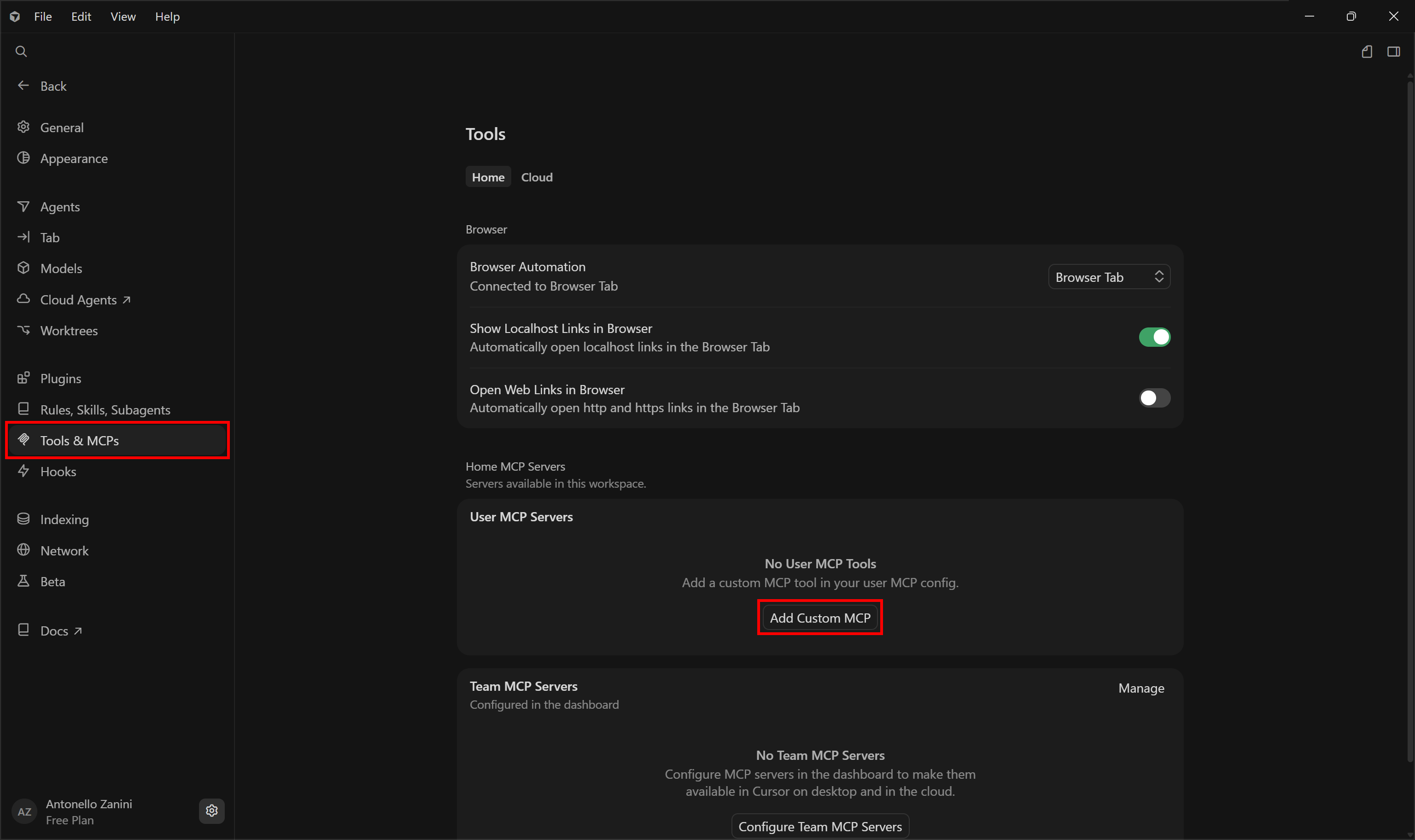 Clicking the “Add Custom MCP” button