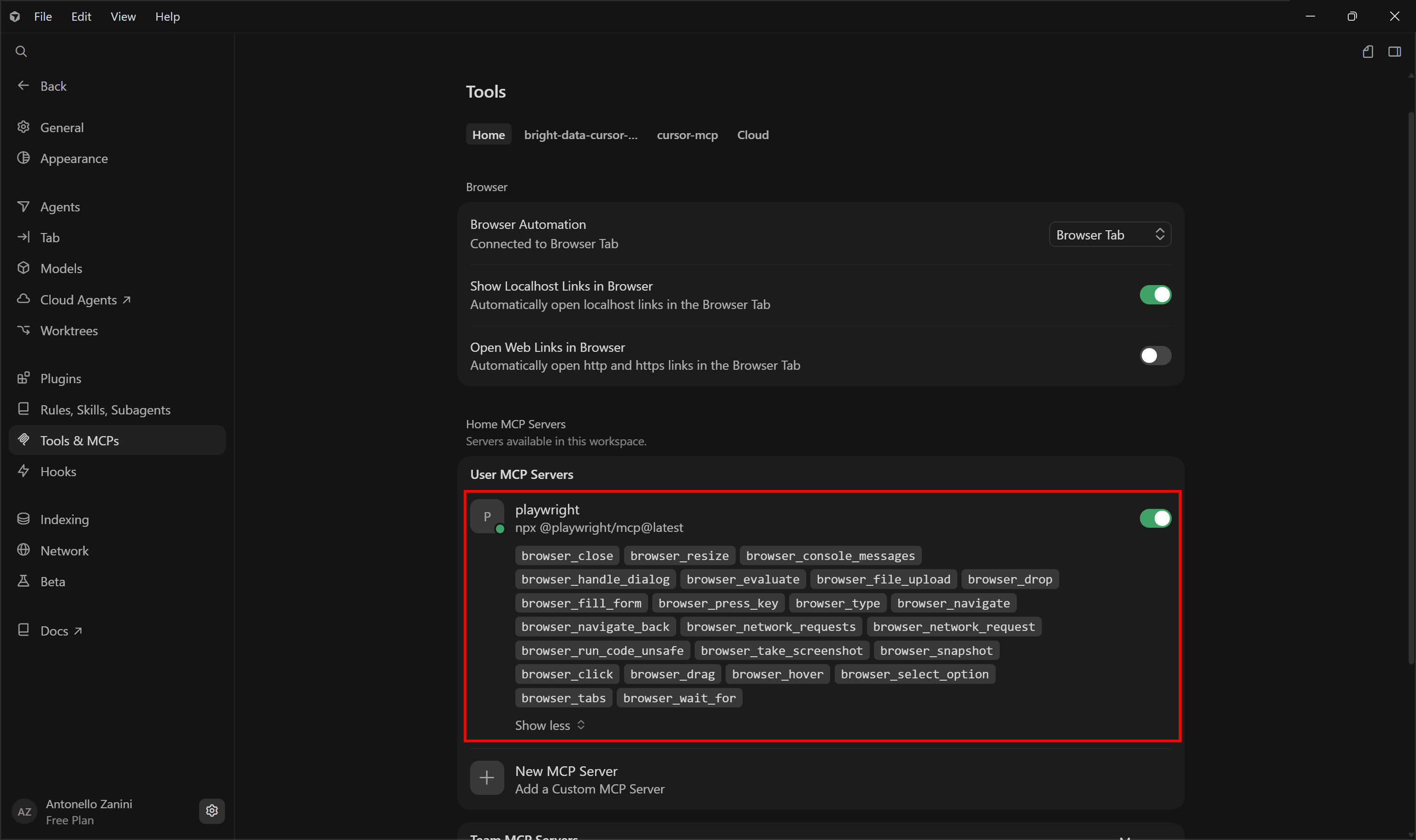 Note the “playwright” MCP server