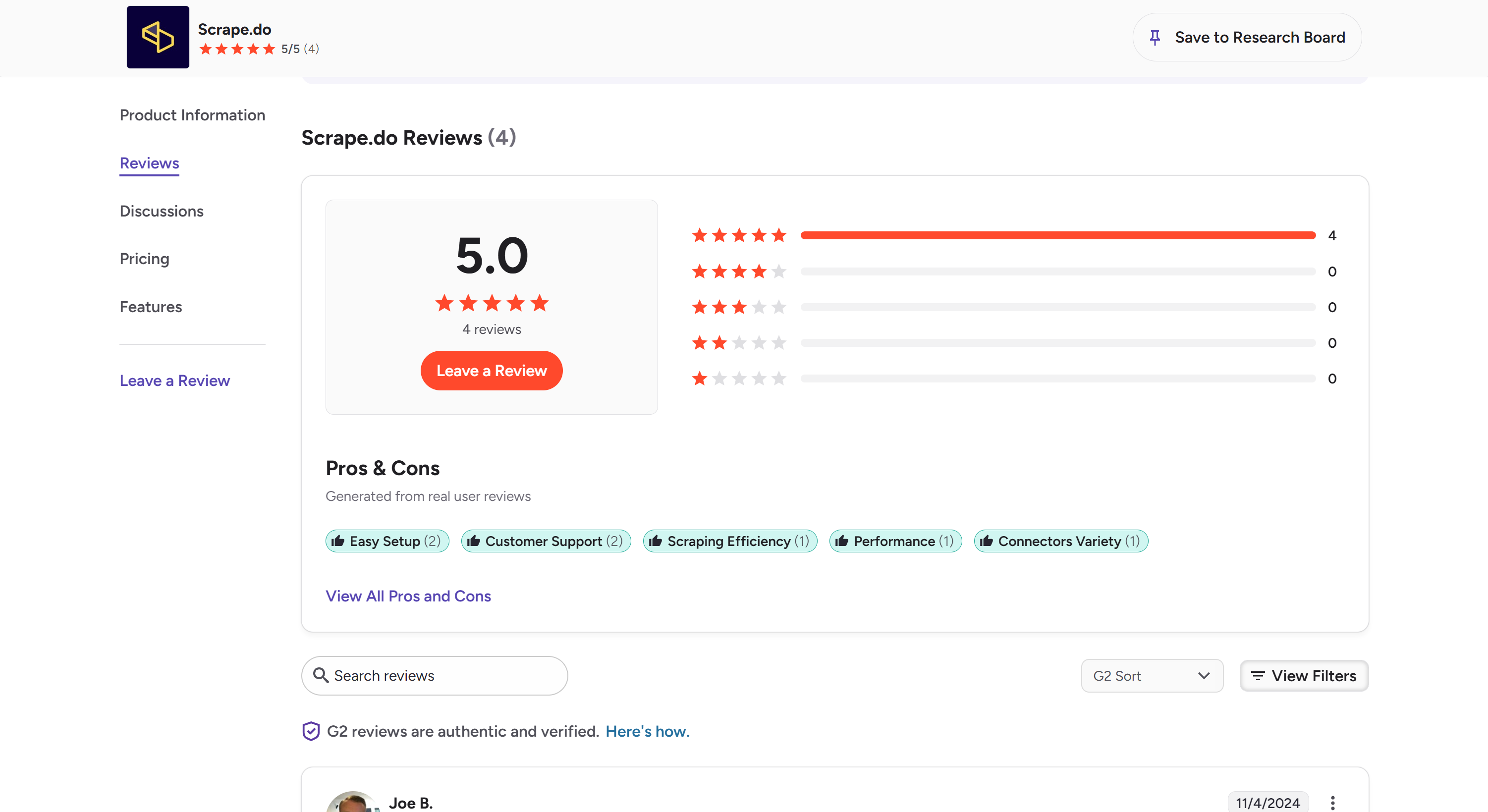The “Reviews” section of the Scrape.do G2 page