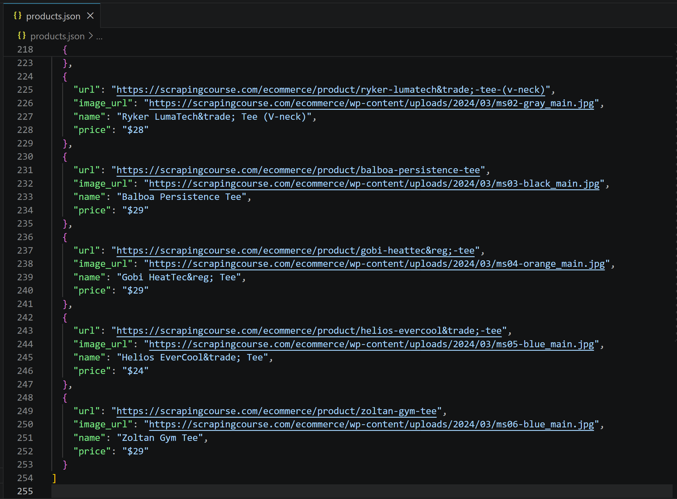 The produced “products.json” file with the scraped data