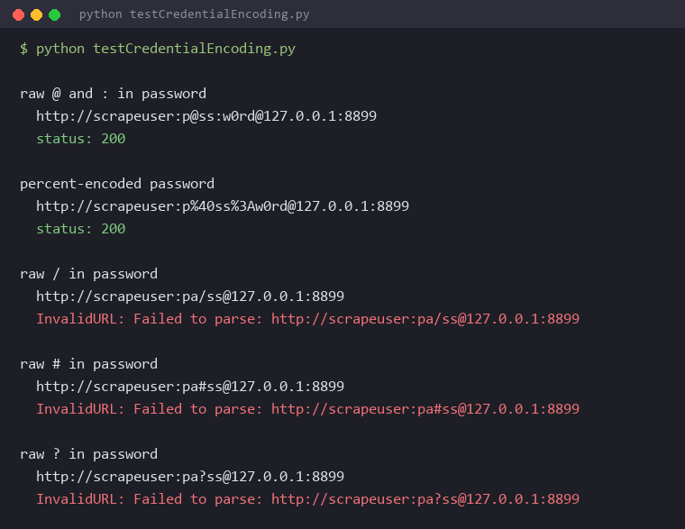 Proxy credential parsing test showing @ and : succeeding while / # and ? raise InvalidURL