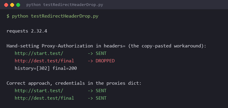 Proxy-Authorization header sent on the first request then dropped after a 302 redirect