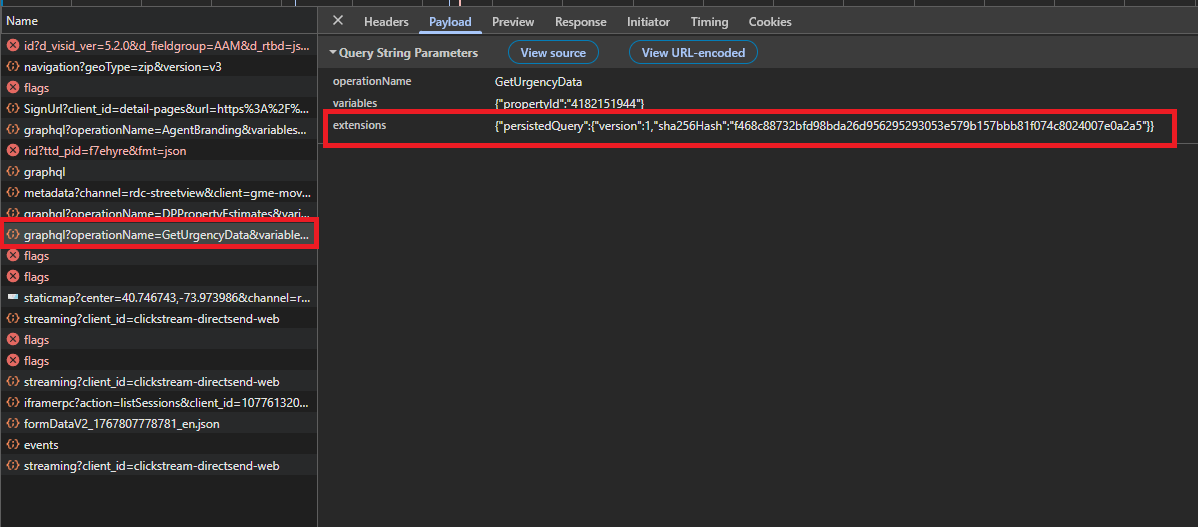Chrome DevTools Request Payload showing GetUrgencyData persistedQuery sha256Hash