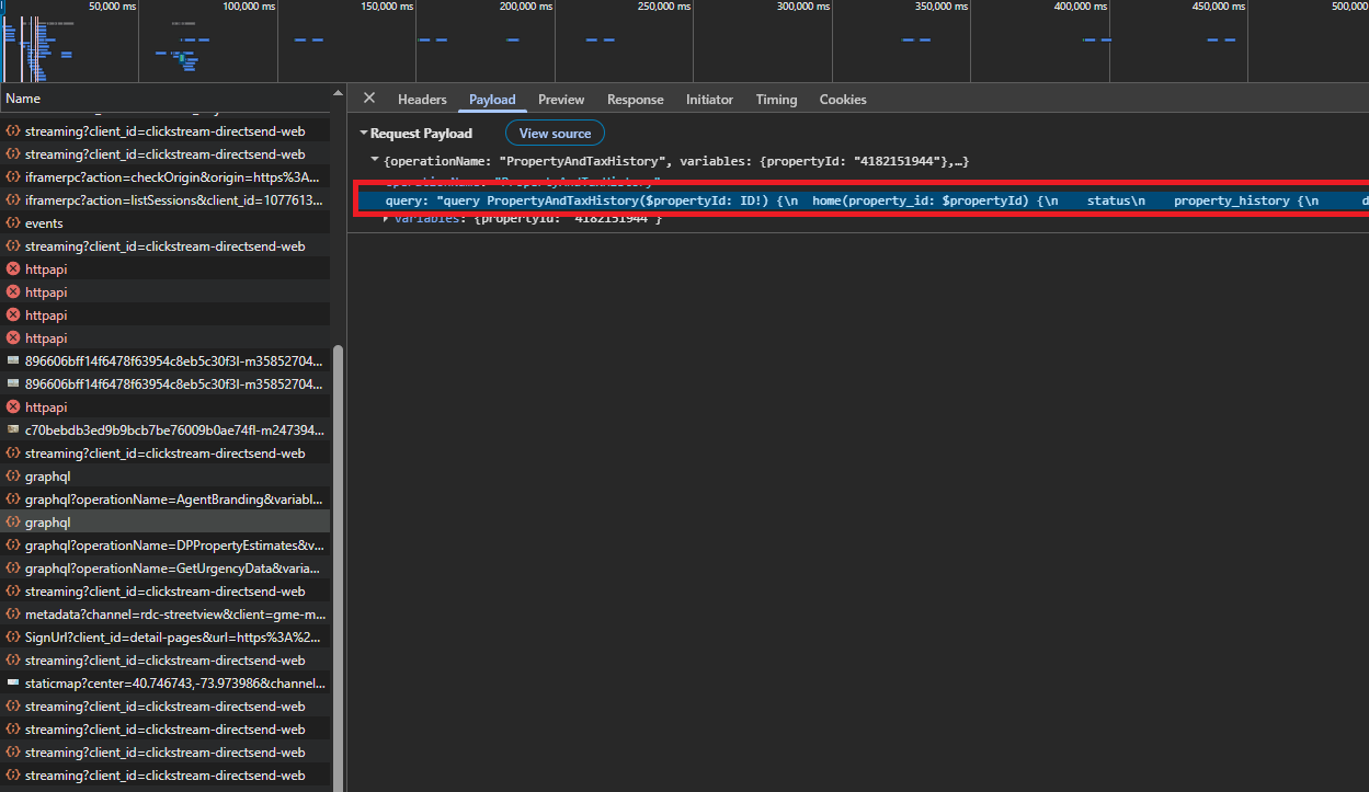 Chrome DevTools Request Payload showing PropertyAndTaxHistory query text