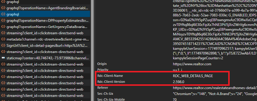 Chrome DevTools Network headers showing rdc-client-version for Realtor.com GraphQL