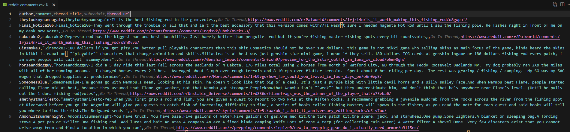 reddit comments csv output