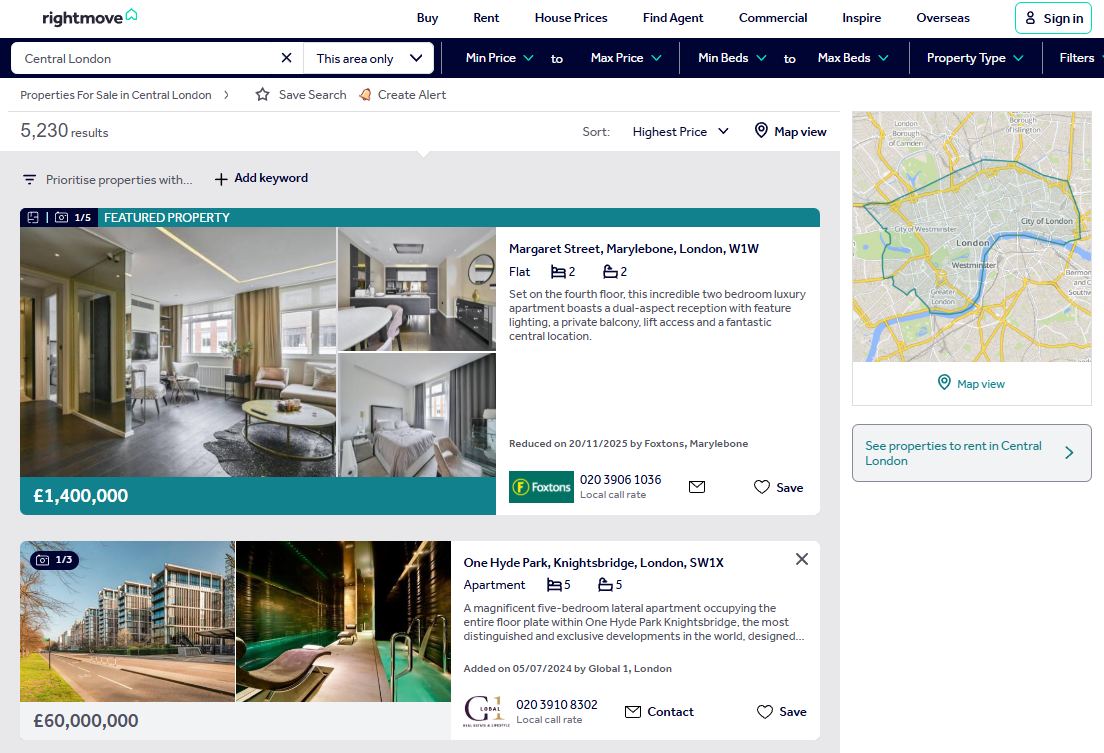 Rightmove search results page showing property cards with prices, addresses, and agent information