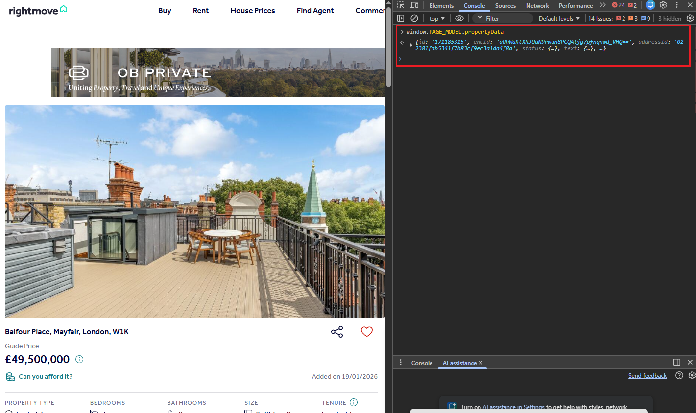 Browser DevTools showing the window.PAGE_MODEL object with the propertyData structure