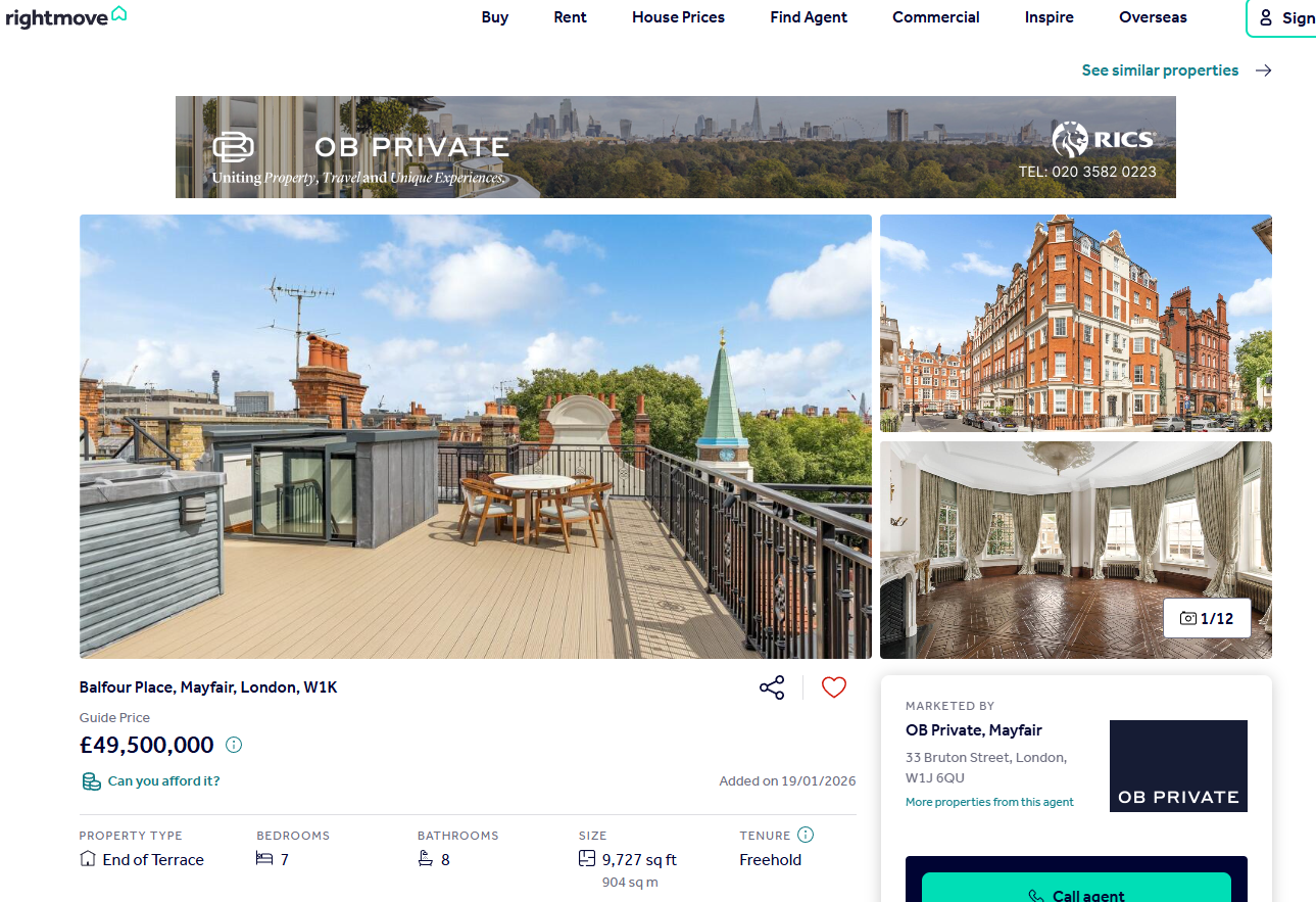 Rightmove property detail page showing price, photos, key details, and description