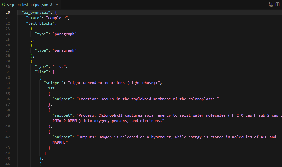 SERP API JSON response showing the ai_overview object with text_blocks and references