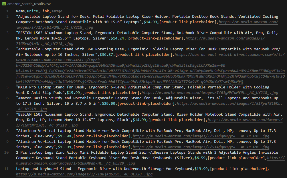 amazon search results csv output