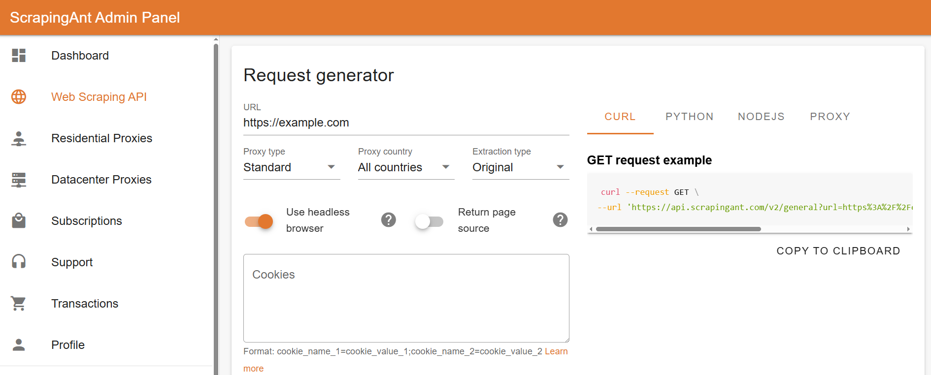 ScrapingAnt homepage showing its headless browser scraping API
