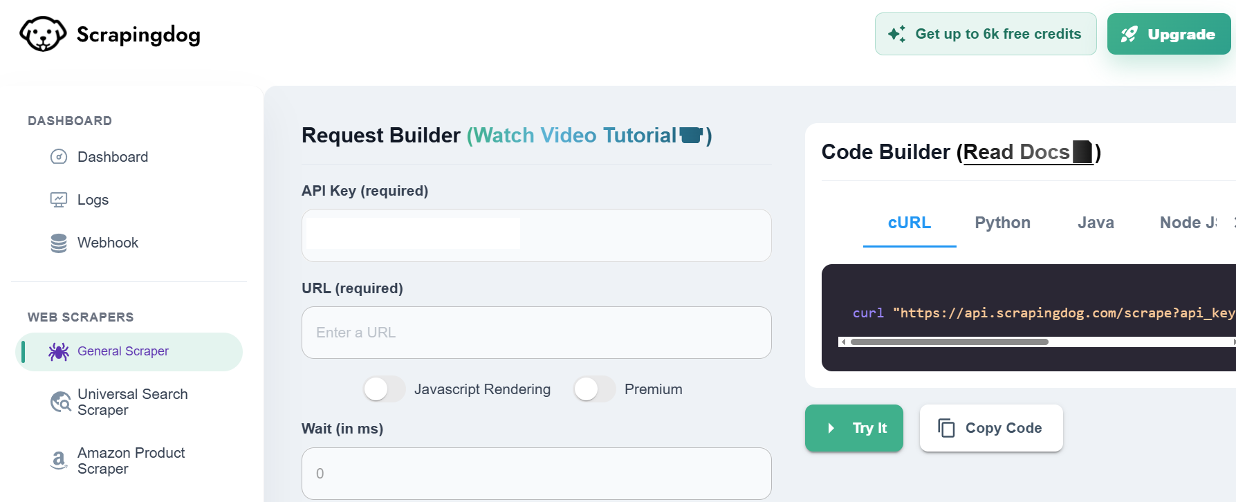 ScrapingDog dashboard with request and code builder