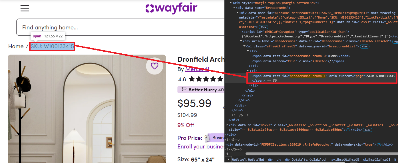 wayfair product SKU selector in chrome devtools