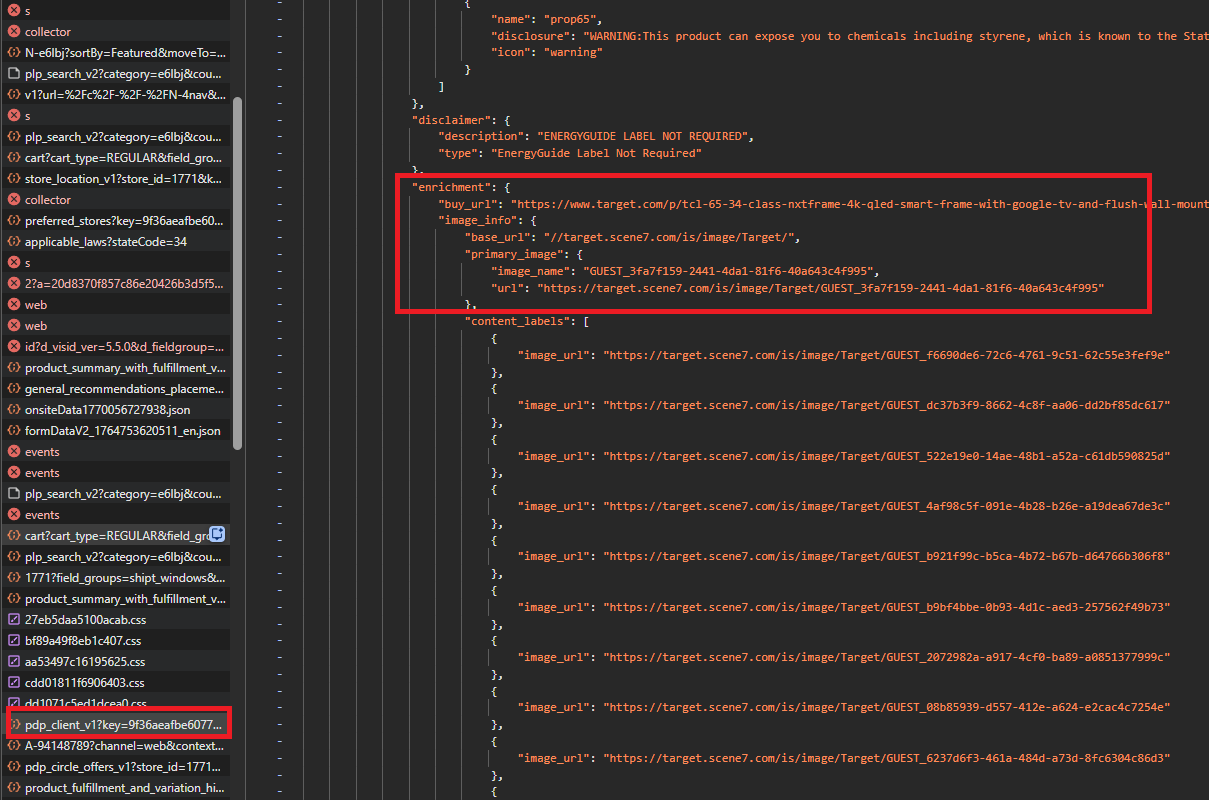 DevTools Response tab showing the image_info block from pdp_client_v1
